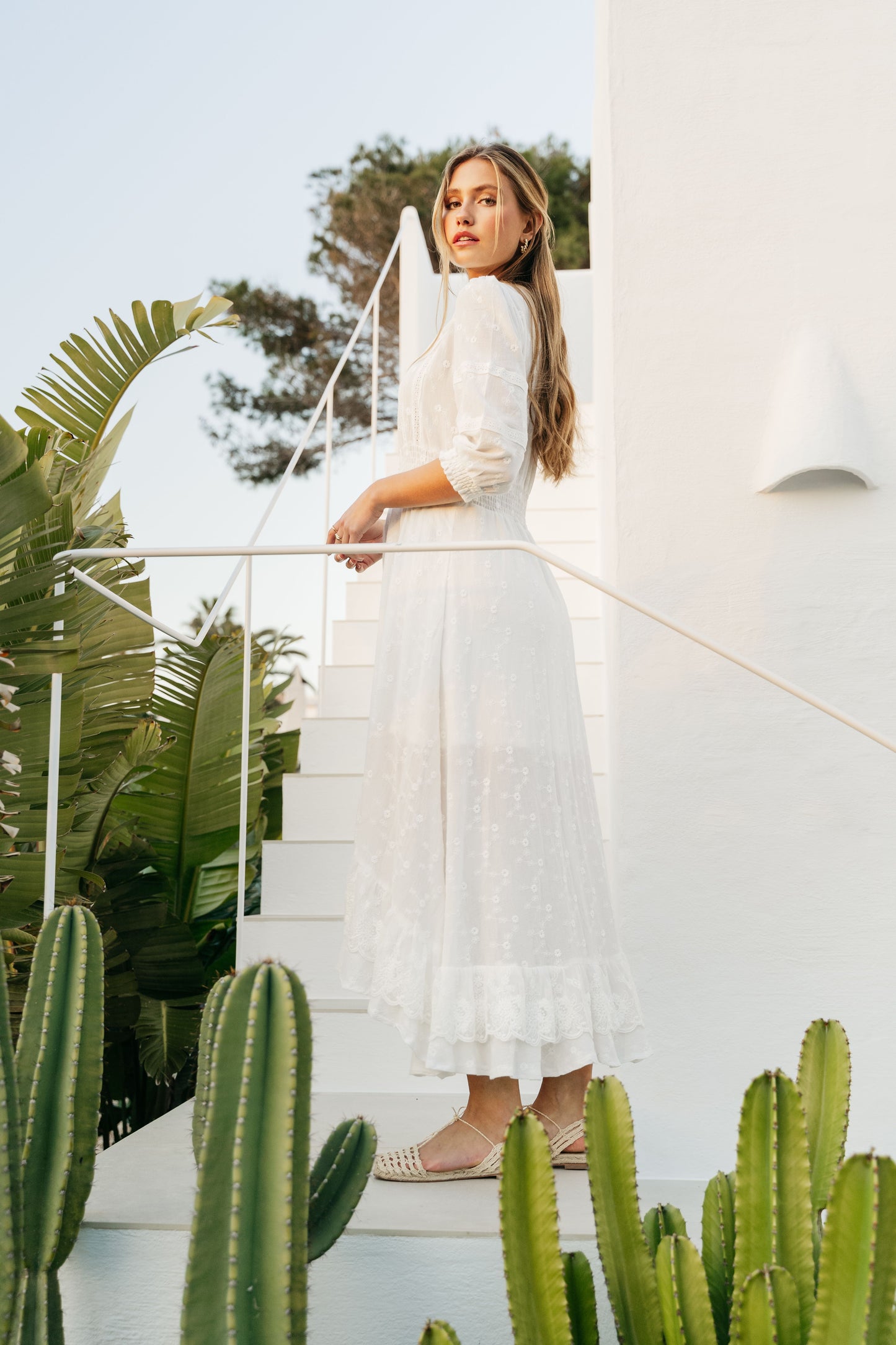 LEORA WHITE EMBROIDERED SABINA MAXI DRESS