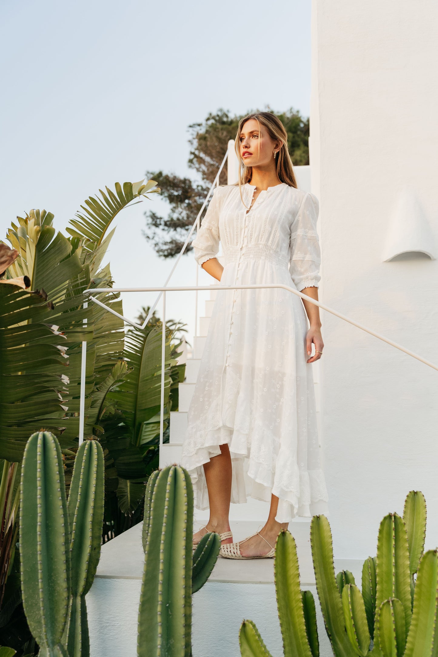 LEORA WHITE EMBROIDERED SABINA MAXI DRESS